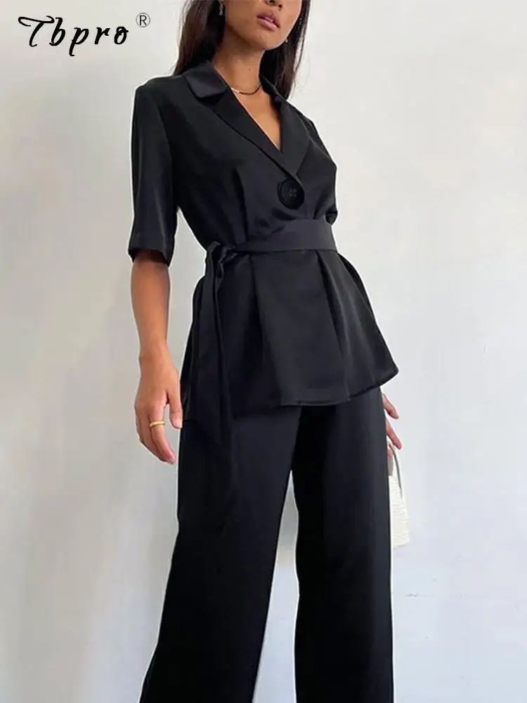 

Женский элегантный Атласный Костюм, женская рубашка с коротким рукавом и повседневные Прямые брюки, комплект из двух предметов, летняя одеж...