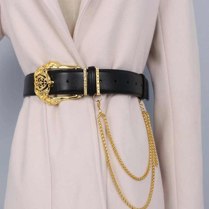 2022 New retro palace style metal hollow carving flower cowhide decorative waist seal belt fashion women's dress coat belt