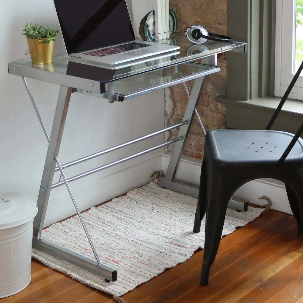 

Glass Top Computer Desk with Pull-Out Keyboard Tray, Silver