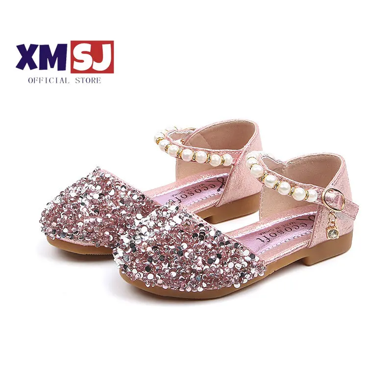 

2023 Summer Girls Shoes Bead Mary Janes Flats Fling Princess Shoes Baby Dance Shoes Kids Sandals Children Wedding Shoes Gold