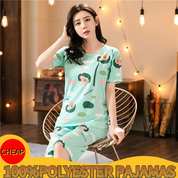 Summer Plaid Sleep Lounge Pajama Short-Sleeved Women's Set Cartoon Rabit Pyjamas Polyester Sleepwear 3XL 5XL Home Fashion