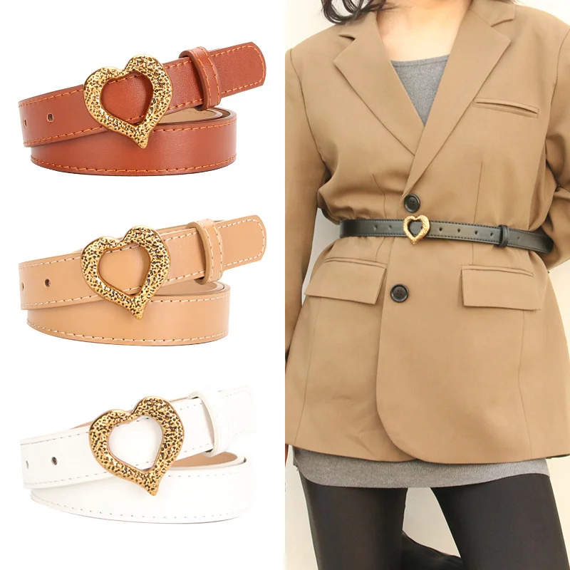 2.3*103cm Ladies Belt Vintage Gold Heart Buckle Faux Leather Band Fashion Versatile Suit Dress Decorative Strap