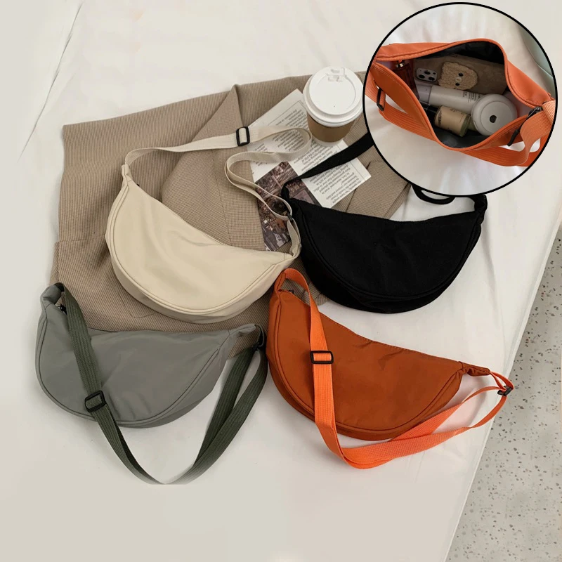 

Simple Solid Color Chest Bag For Women's Messenger Bag Half Moon Designed Chest Bag Vintage Nylon Solid Color Shoulder Bag Daily