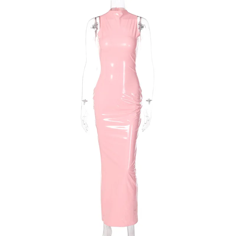 

Women Sexy Lingerie Patent Leather Slit Nightclub Fashion Maxi Dress Royal Pink Sleevelss Streewear Outfit Pole Dance Costume