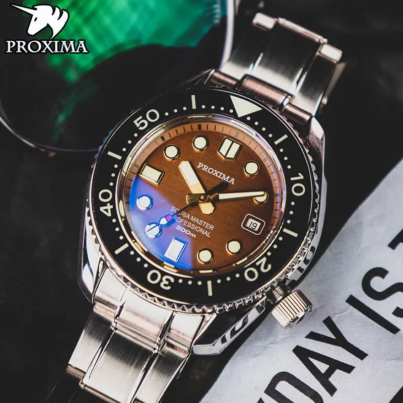 

Proxima Coffee Dial Diver Mens Watch Sapphire Glass NH35/PT5000/SW200 Automatic Mechanical Watches Bracelet Date 30Bar C3 Lume