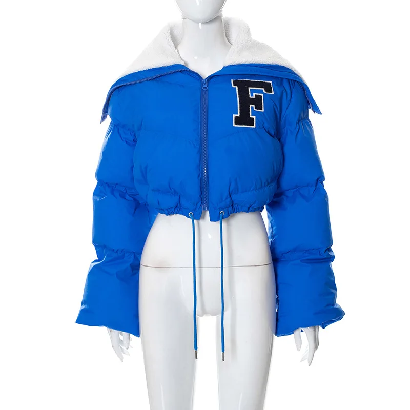 Women Drawstring Jacket New Winter Long Sleeve Lambswool Sailor Collar Short Cotton Coat Autumn Winter Large lapel cotton jacket