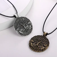 retro double wolf tree of life and world pendant necklace for women men belief viking necklaces jewelry for friends gift