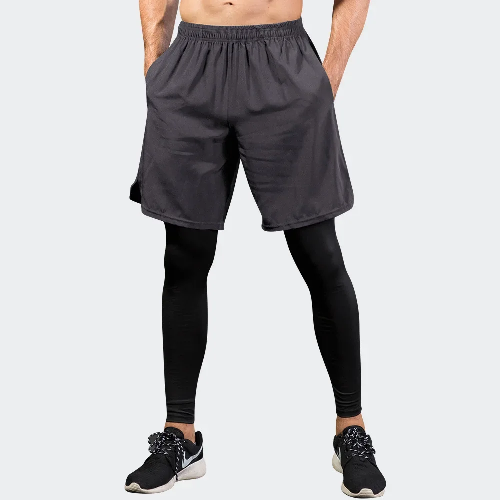 Custom LOGO Men's Leggings Fake Two Pieces Fitness Running Cycling Training Casual Elastic Quick-Drying Pants
