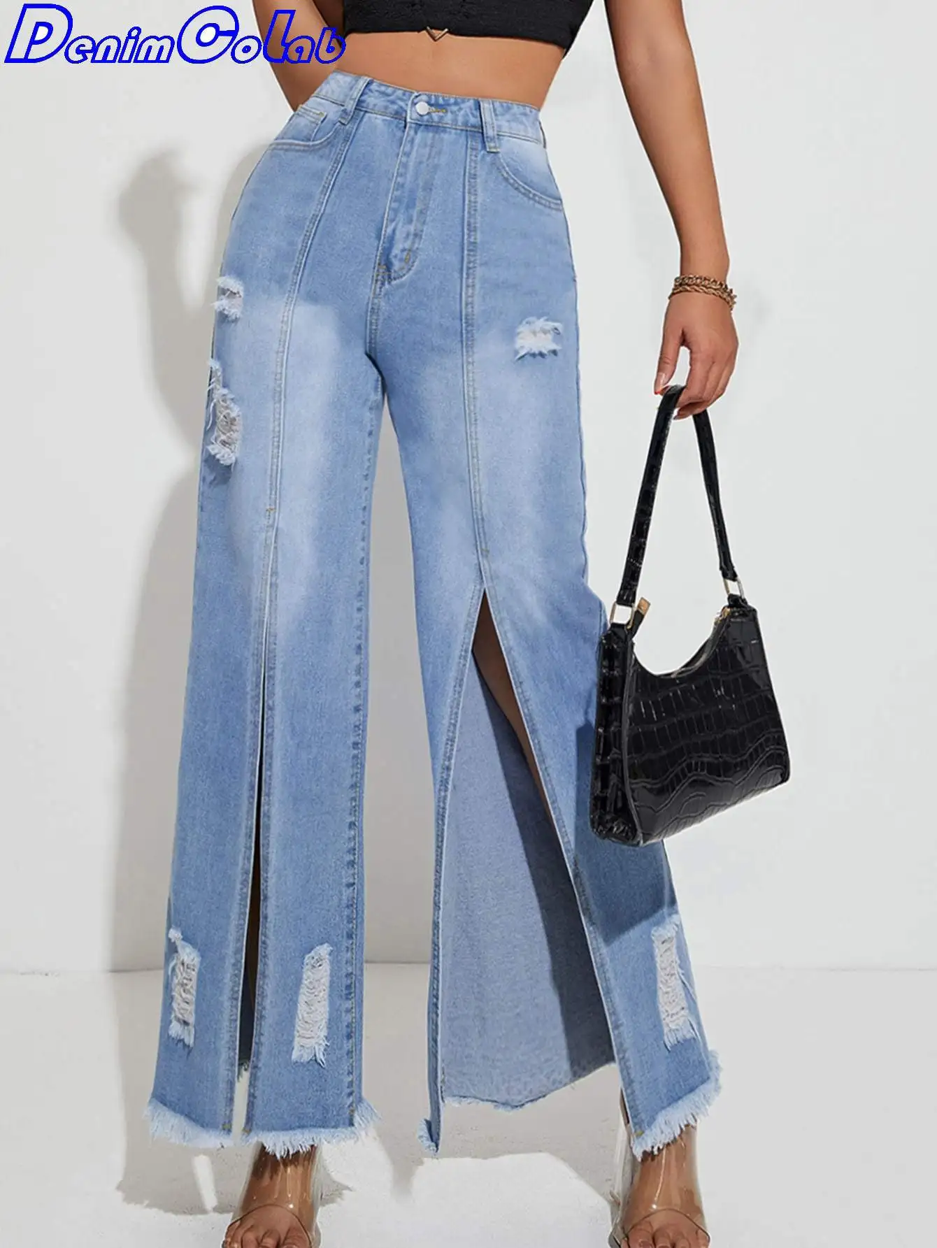DenimColab 2022 New Fashion High Split Wide Leg Pants Woman Loose Hole Jeans Ladies Streetwear Fringe Ripped Jeans Trousers
