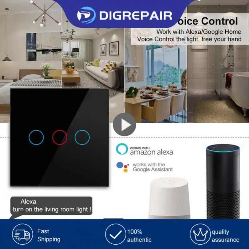 

No Neutral Wire Required Zigbee Smart Switch Voice Control Light Touch Switch Timing Glass Panel 1/2/3 Gang Tuya Diy Smart Home