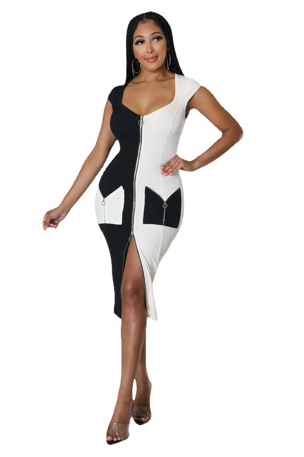 

Zoctuo Cardigan Zipper Dresses Elegant Sleeveless Women's Dress Club Streetwear Lady Fashion Vestidos Clothing Color Patchwork