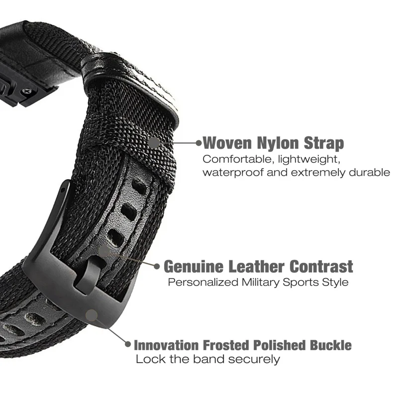 22/26mm canvas Strap Quick Release Nylon & leather Easyfit Replacement Wristband For Garmin Fenix 5 plus 5X 6 6X Pro 3HR 935 945