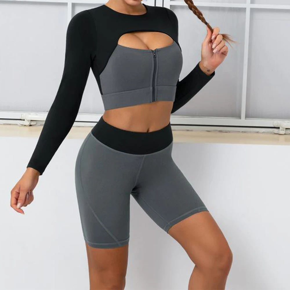 

Yoga Suit 2 Piece Women's High Waist Tight Shorts Sexy Long Sleeve Gym Workout Clothes Sportswear Workout Suit Fitness Clothes