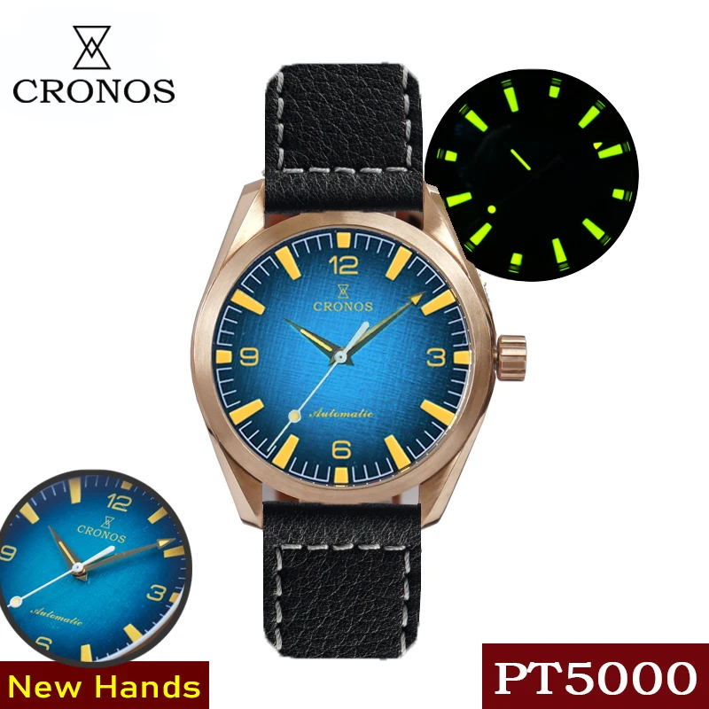 

Cronos Bronze CuSn8 Automatic Blue Green Textured Dial Men's Watches PT5000 Sapphire Crystal Leather Rubber Strap Watch For Men
