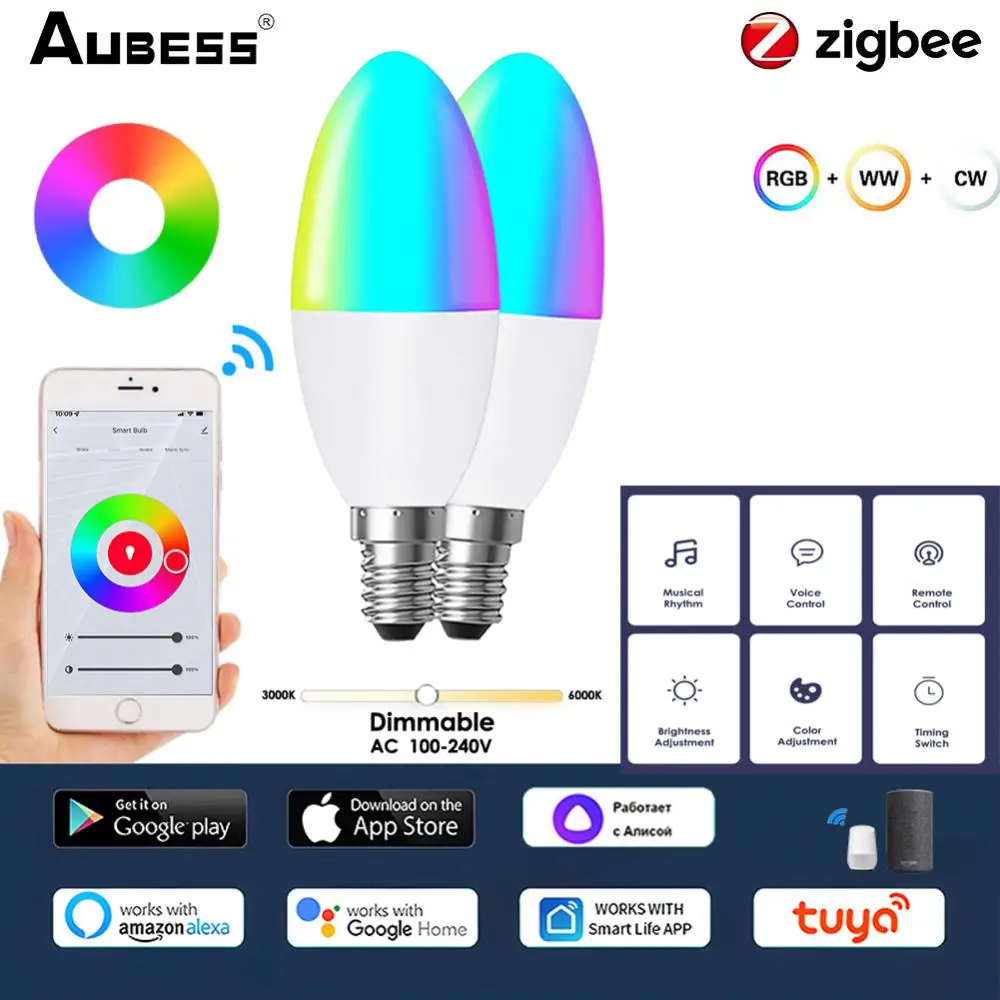 

TUYA Smart WiFi E14 RGB LED Light Bulb European Lightbulbs Dimmable Magic Bulbs Voice Control Alexa Google Home Yandex Alice