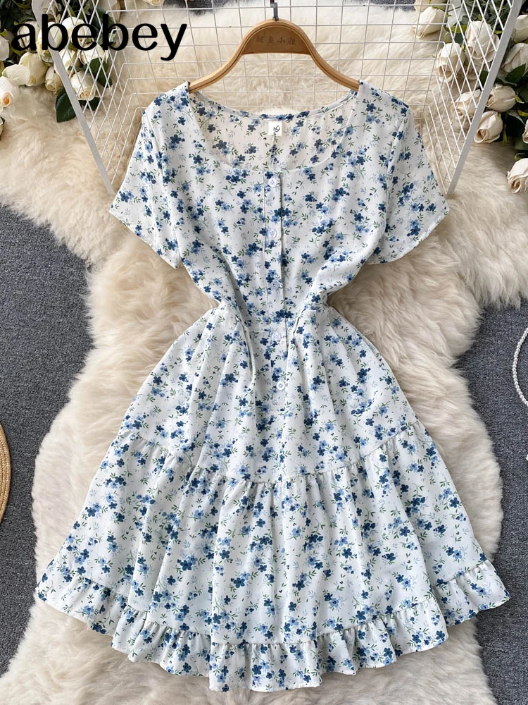 

2022 Summer A-Line Dress Casual Short Sleeve Printed Square Neck Design Short Dress Office