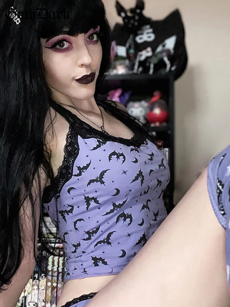 

Goth Dark Grunge Aesthetic Bat Print Sexy Women Camis Gothic egirl Lace Hem Bodycon Crop Tops Punk Purple Summer Emo Alt Clothes