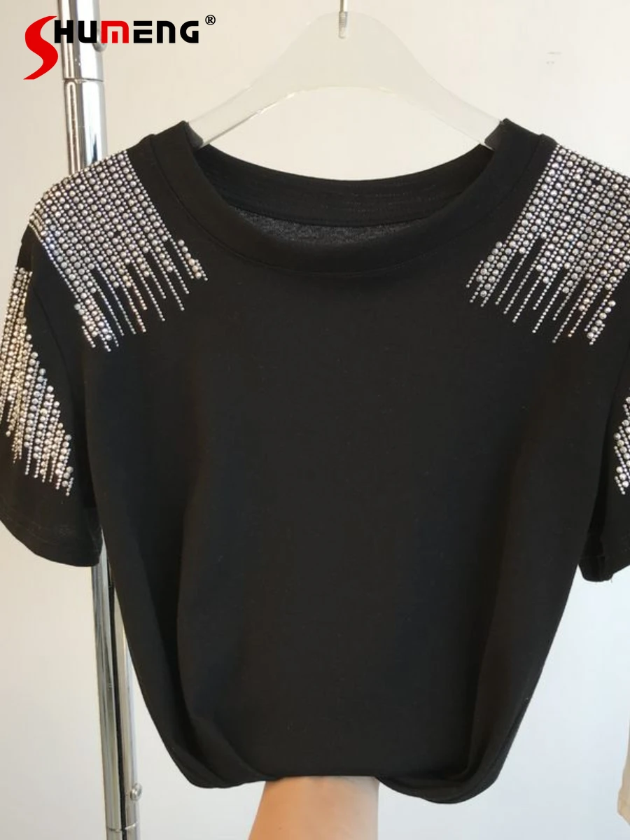 

Женская хлопковая футболка с коротким рукавом, повседневная простая облегающая футболка со стразами и круглым вырезом, лето 2022