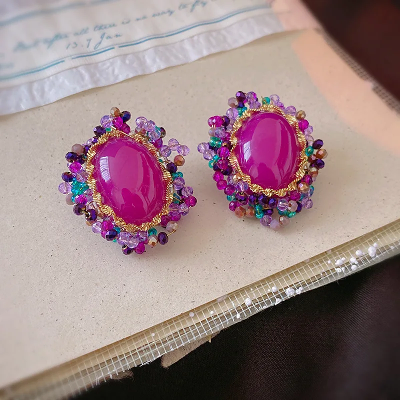 

European and American Women Acrylic Crystal Oval Earrings French Royal Style Special Interest Earrings