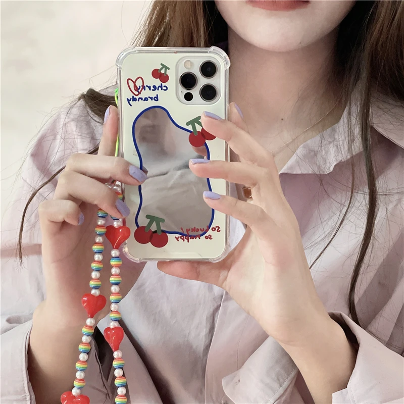

Ins Style Cherry Pattern Mirror Heart Bracelet Phone Case for IPhone 13 12 11 XS XR X Pro Max 7 Plus Fashion Hot Protect Cover