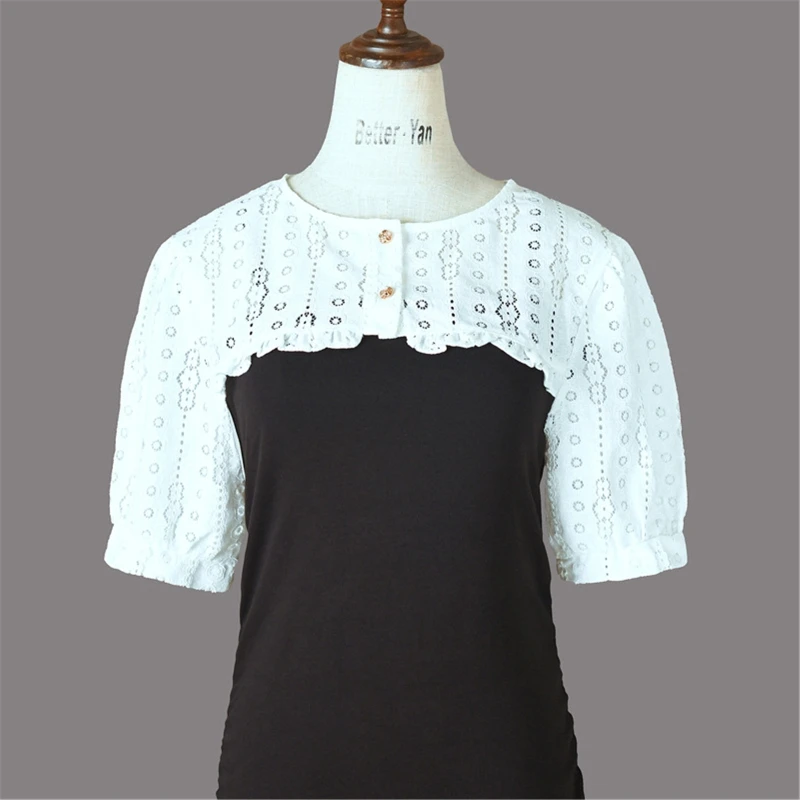 

L5YD Women's Short Sleeves False Collar Chic Solid Lace Small Shawl for Autumn Winter