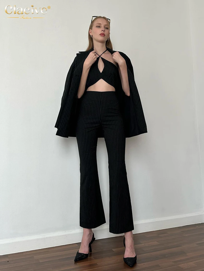 

Clacive Fashion Gray Stripe Women Three Piece Outfits 2023 Elegant Long Sleeve Blazers + Halter Tops With High Waist Pants Set