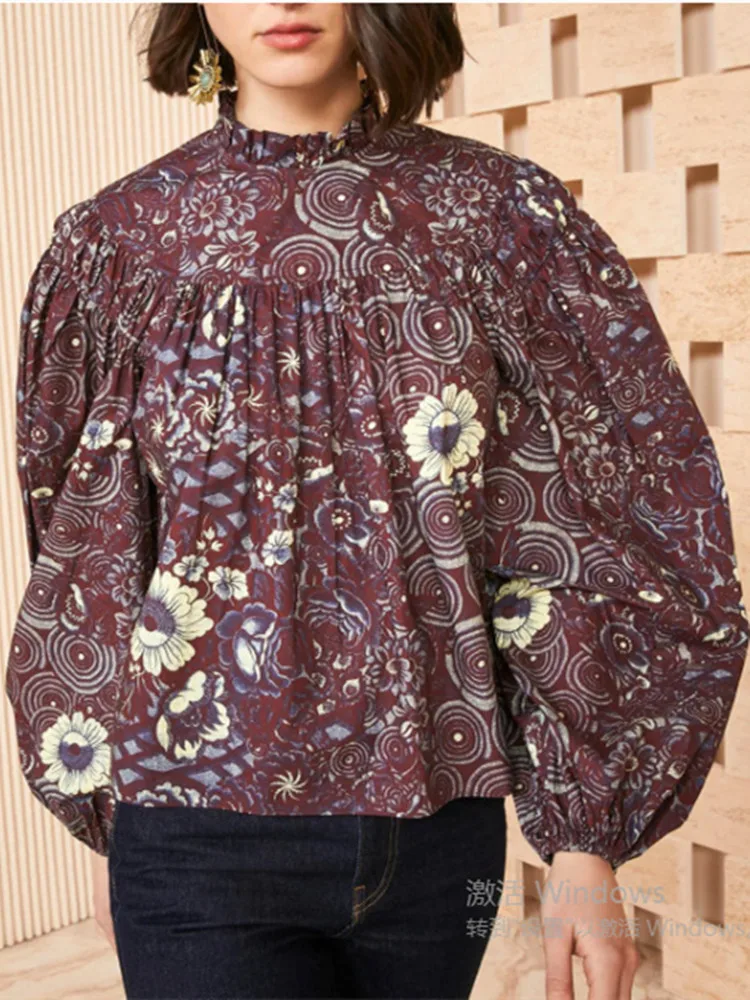 

Women Blouse Floral Printed Ruffles Trim Stand Collar Spliced Pleated Lantern Sleeve Vintage Shirt