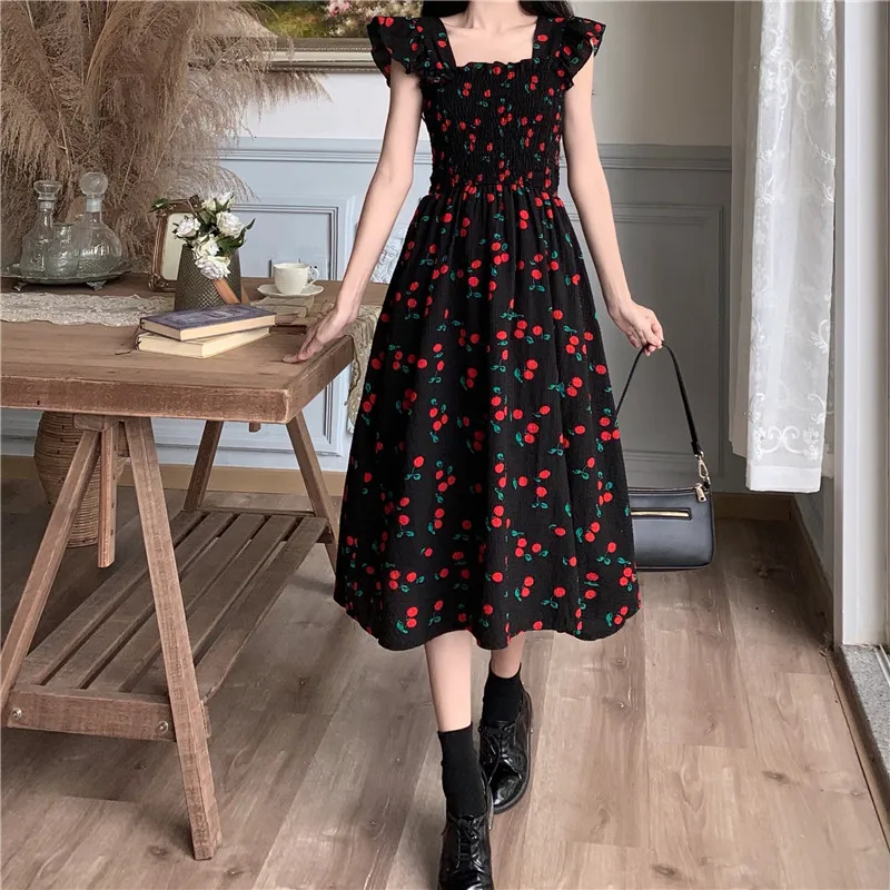 

Richkeda Store French Black Cherry Dress Women Summer New Style High Waist Maxi Dresses For Woman 2021 Fashion Clothing S-4XL