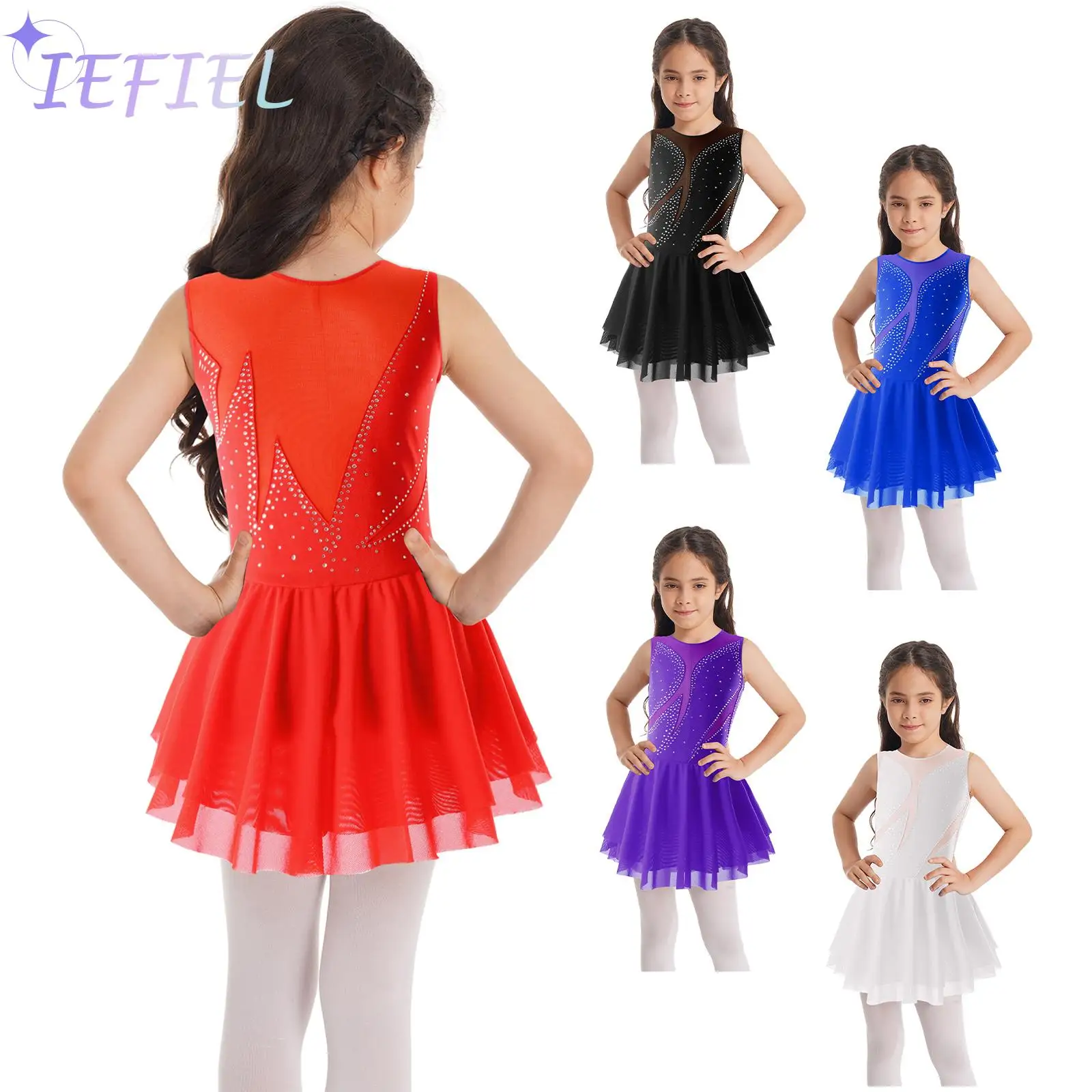 

Kids Jazz Latin Ballet Dance Dress Shiny Rhinestone Decorated Patchwork Style Ice Figure Skating Leotard