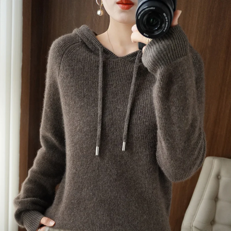 

Selection Of Cashmere Hoodie Women's Loose Hooded Knitted Jacket Ingot Needle Thick Sweater Outer Wear