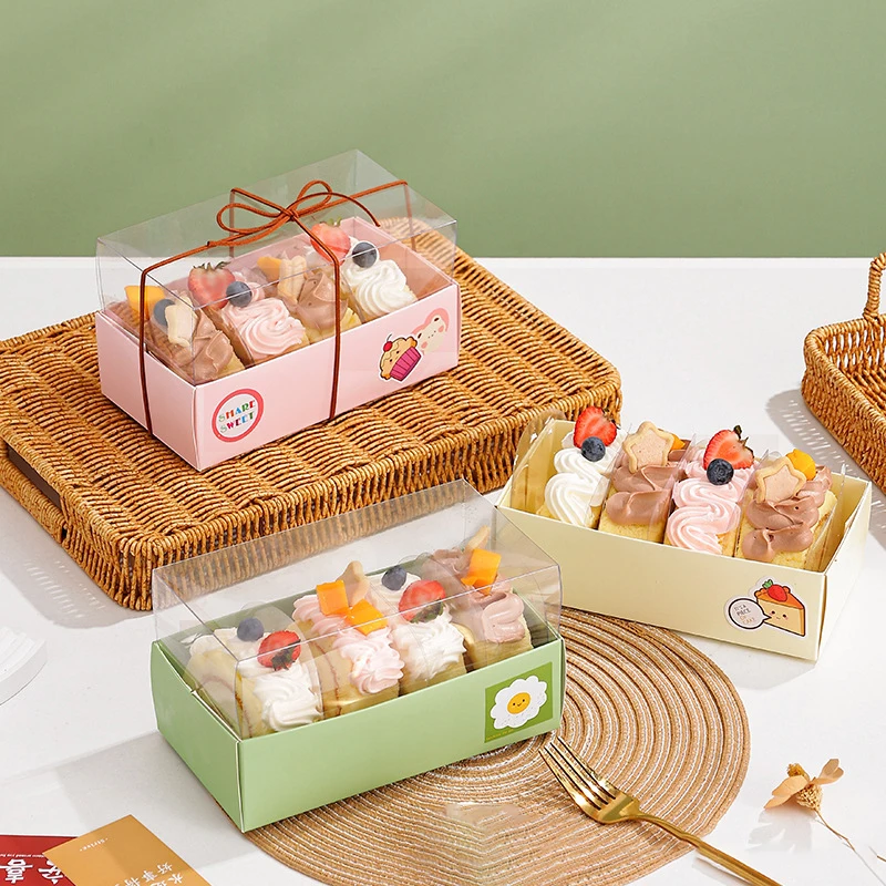 

10pcs Swiss Roll Cake Packaging Box Macaron Candy Boxes Transparant Cake Box Clear Cover Dessert Sushi Roll Bread Food Box