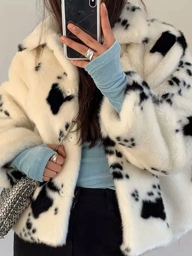 Winter Thick Women Faux Fur Jackets Black White Cow Print Women Jacket Loose Warm Fashion Korean Button Up Female Clothes
