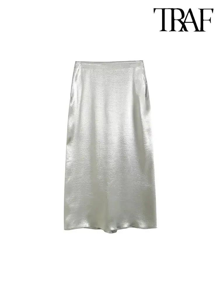 

TRAF Юбка трапециевидная Женская атласная средней длины, с высокой талией