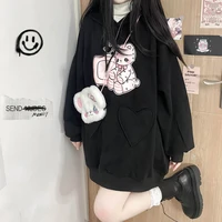 houzhou kawaii bear print hoodies women japanese sweet soft girl autumn preppy style casaul black hoodie harajuku streetwear