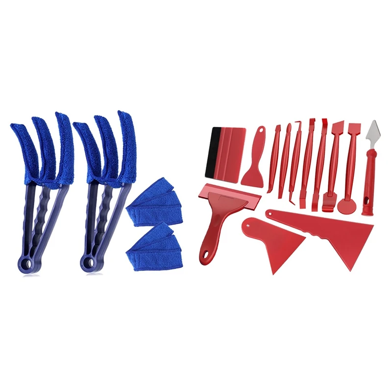 

2Pcs Microfiber Blind Duster Window Brush With 13PCS Set Auto Car Wrap Film Tools Squeegee Scraper Kit