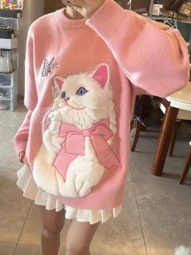 Японские милые дизайнерские женские свитера Kawaii с котом модные Универсальные