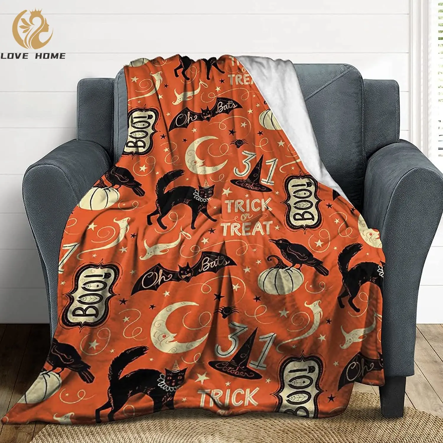 

Happy Halloween Pumpkin Cat Bats Witch's Ghost Flannel Fleece Throw Blanket for Couch Bed Super Warm Soft Cozy Plush Lightweight