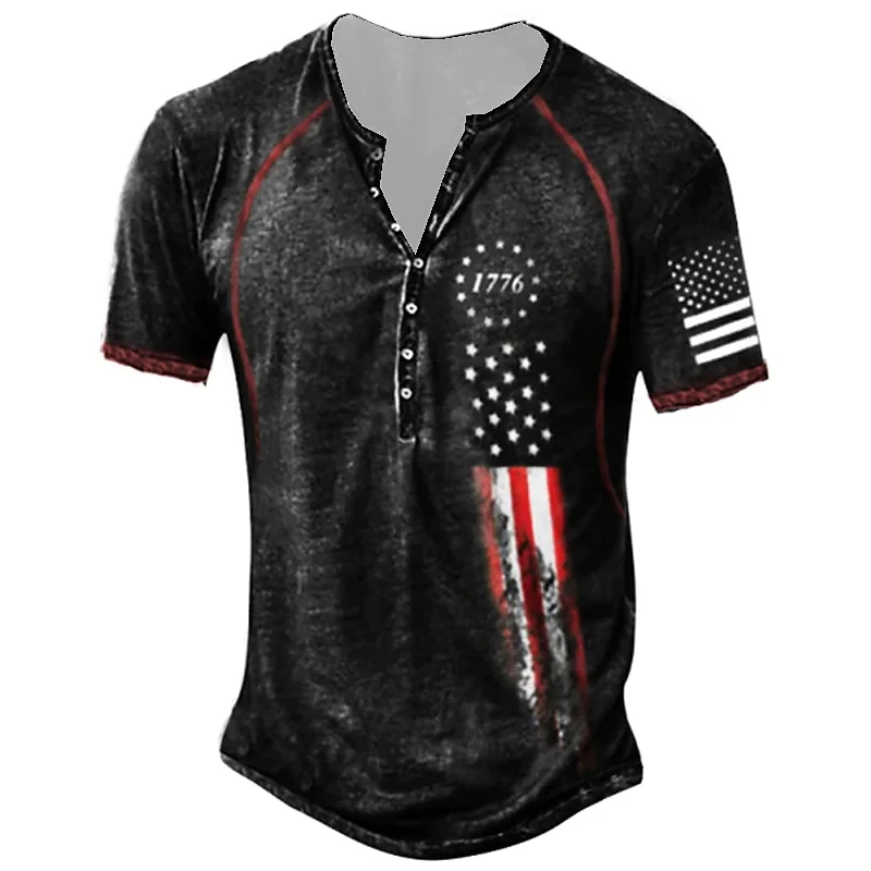 

Vintage American Flag T Shirt Short Sleeve Gothic Henley Shirt For Men Oversized Tee Shirt Man Punk Button V-neck Streetwear 5xl