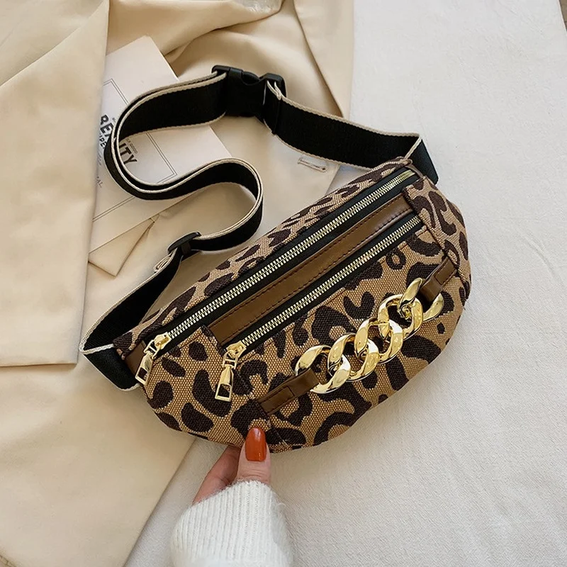 

Luxury Thick Chain Waist Bags For Women Leopard Print Waist Pack Female Diamond Lattice Fanny Pack Ladies Shoulder Chest Bag