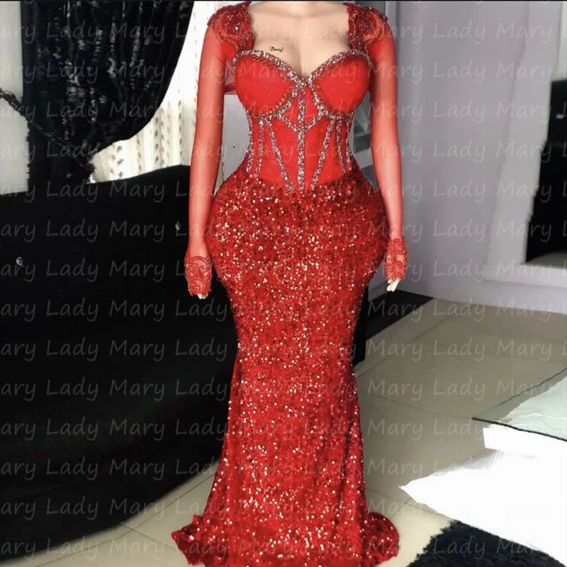 

Charming Red Evening Dresses Glitter Arabic Aso Ebi Long Sleeves Mermaid Women Formal Wedding Party Prom Gowns Vestido De Noche