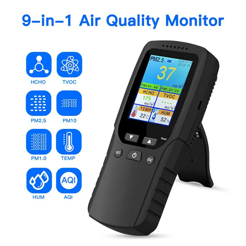 Upgrade 9 in 1 Air Quality Monitor PM2.5 PM1.0 PM10 HCHO TVOC Detector Meter Tester Temperature Humidity Sensor Indoor Outdoor