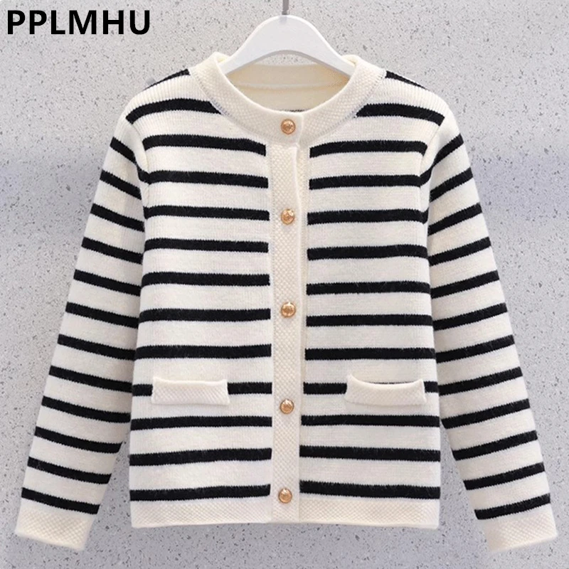 

Fall Winter Striped Sweater Short Cardigan Women Korean Casual O-neck Knit Gilet New Fashion Long Sleeve Soft Knitwear Tops