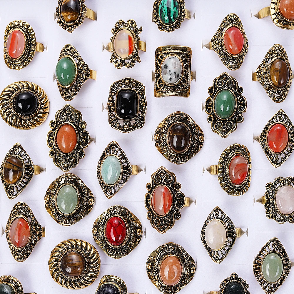 

Wholesale Bulk 25Pcs Oversize Mix Style Natural Stone Ring Band Bronze Wedding Engagement Xmas Jewelry FREE SHIPPING
