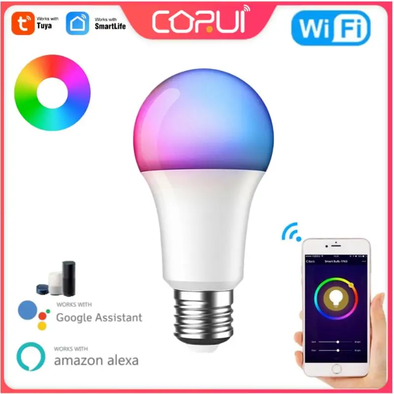

Tuya Dimmable E27 WiFi Smart LED Light Bulb RGB CW Light Bulbs 9W Smart Life App Support Alexa Google Home Voice Control