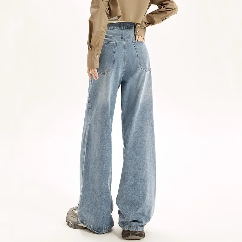 UNIFREE Pocket Panels Women's Jeans Vintage Wash High Waist Women's Cargo Pants High Street y2k Baggy Jeans for Women