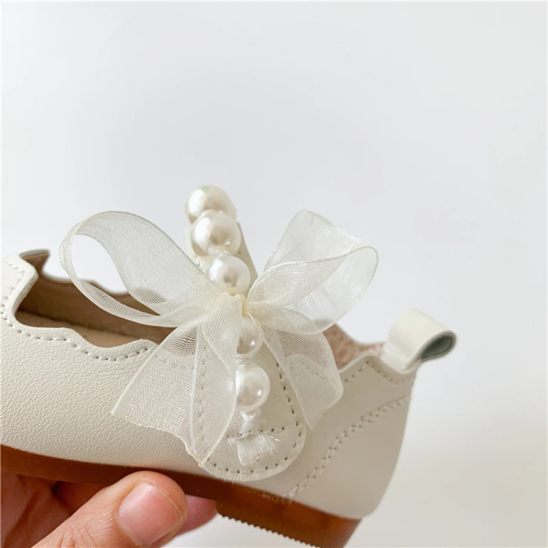 New Girls Single Princess Shoes Pearl Shallow Children's Flat Kids Baby Bowknot Shoes 2022 Spring Autumn Wedding Party Gift enlarge