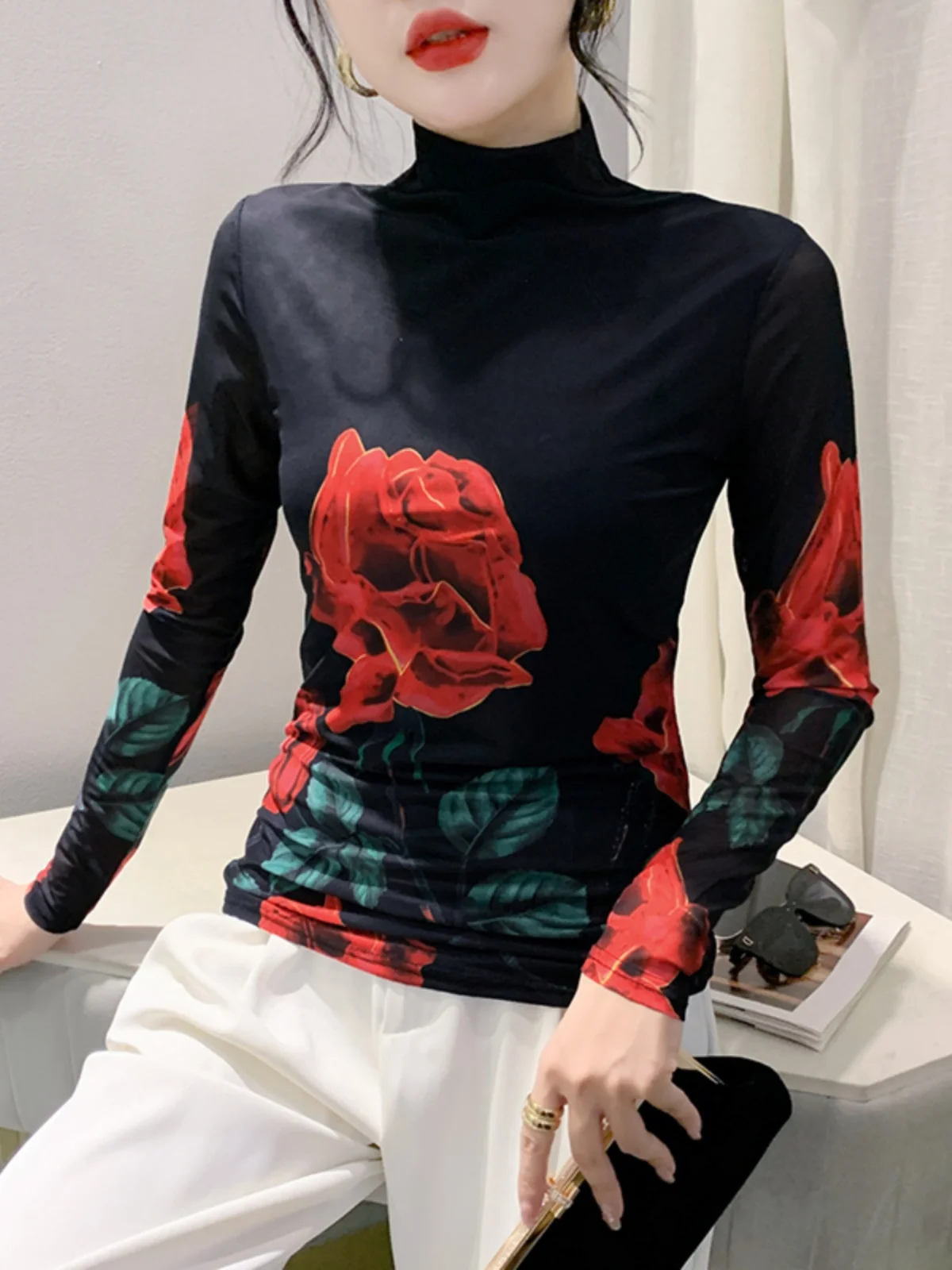 Размер S-4XL женская осенне-зимняя водолазка с длинными рукавами сетчатая футболка