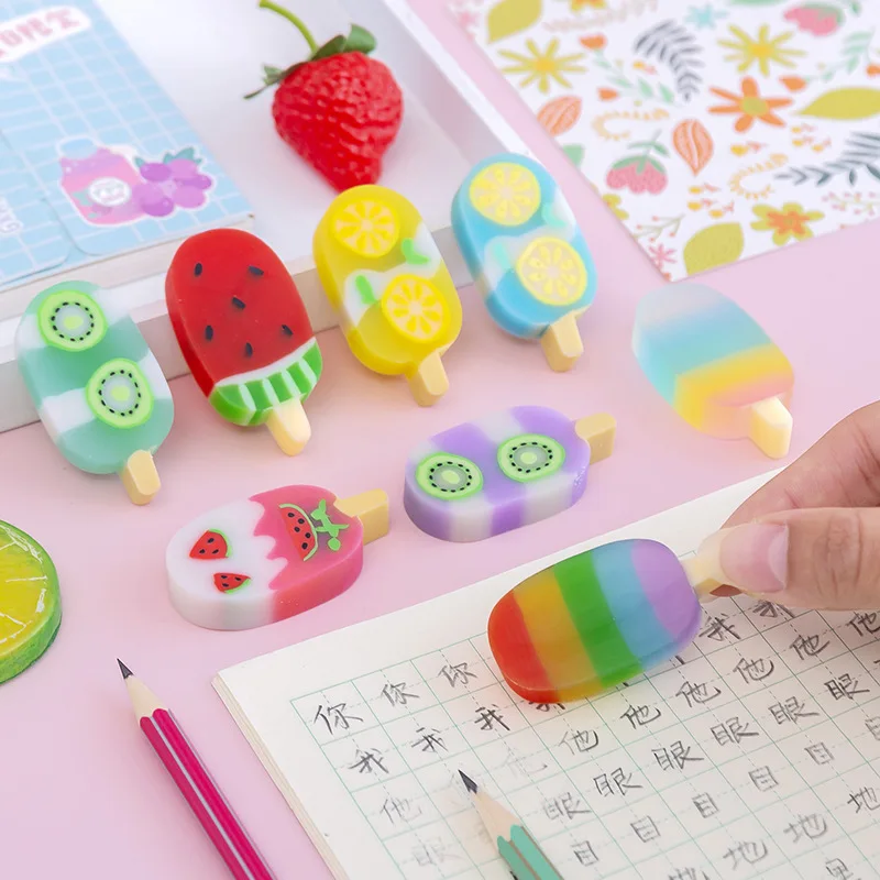 

4pcs Kawaii Ice Cream Erasers Cute Rubber Pencil Erasers for School Wipe Clean Writing Tool Korean Stationery Office Supplies