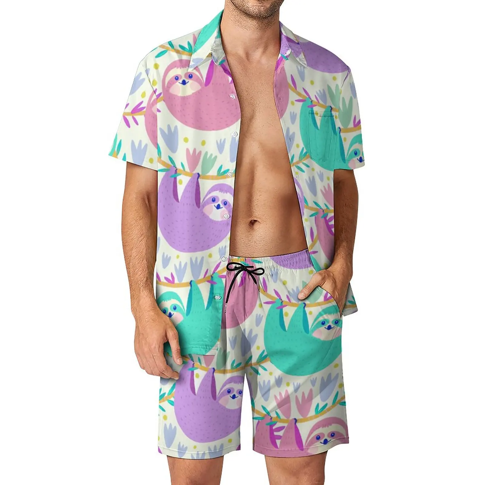 

Colorful Sloths Men Sets Animal Print Casual Shorts Summer Fashion Fitness Outdoor Shirt Set Short Sleeves Custom Plus Size Suit