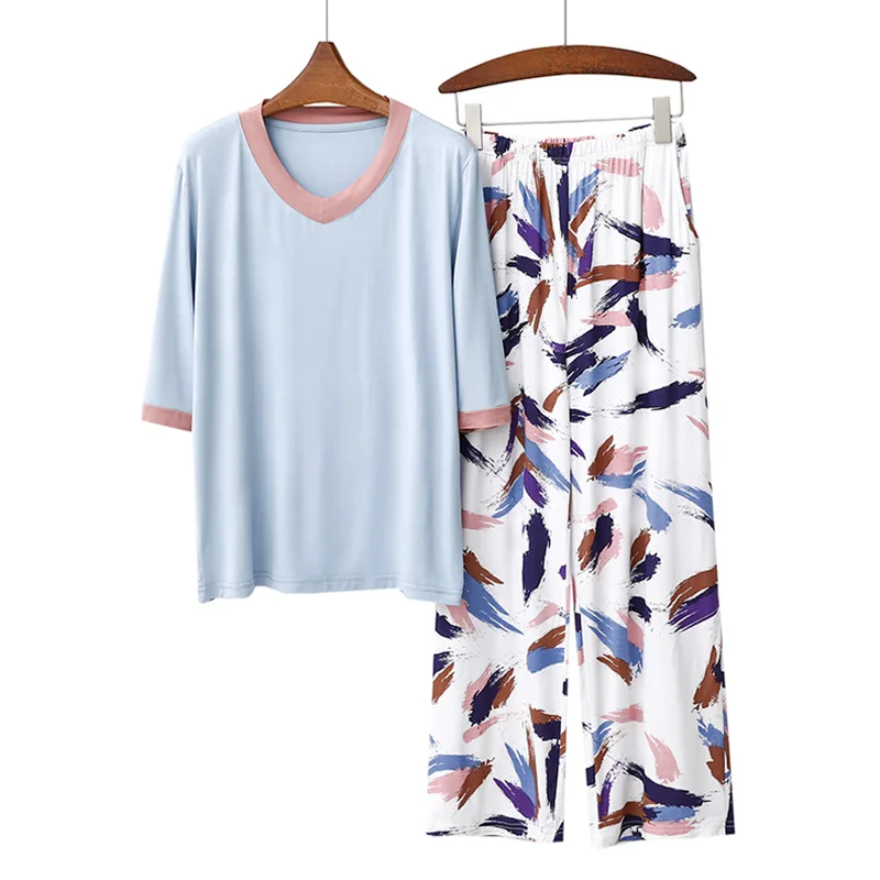 Modal Women Pajamas Set Pyjamas Spring New V Neck Contrasting Colors Half Sleeve Printing Casual Fit Loose Outdoor Nightclothing